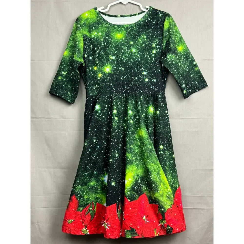 Girls Holiday Christmas Dress – Galaxy Star Print with Poinsettias, Size S